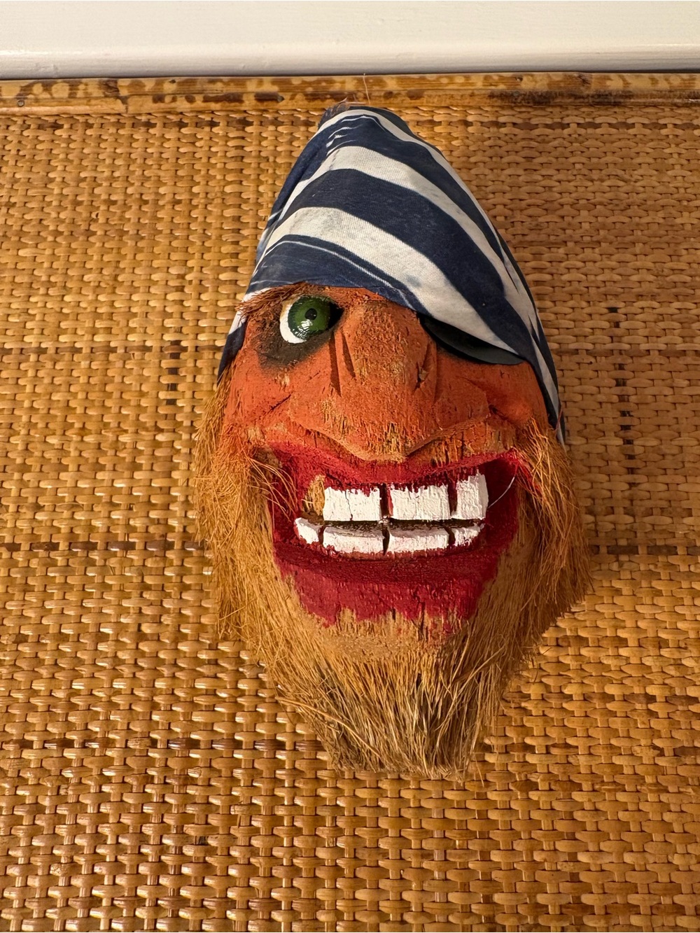 Vintage Handcrafted Pirate Face Coconut with Blue-White Bandana, Made in Mexico
